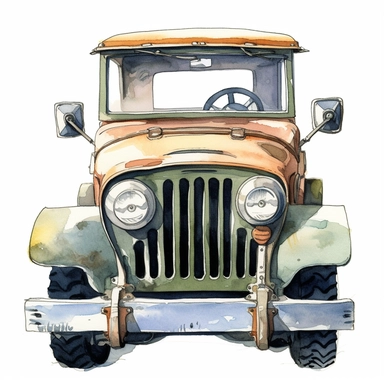 vintage watercolor illustration of empty cartoon safari jeep, facing the camera head on, no roof, clipart