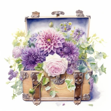 Empty open old chest full of breathtaking english purple roses and dahlias in pastel combo, by ann buccarelli , watercolor, white background , watercolour, insanely detailed, on white background, amazing colour combo, with detailed watercolor blooms of spring garden flowers white/ purple/ green, bec winnel, intricately textured, close up, walter Langley, lucy grossmith, heavy impasto technique, detailed shading, atmospheric watercolours, on white background clipart