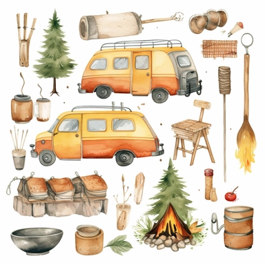 Watercolor boho camping illustrations clipart set, simple, soft colors, cartoon elements, different variants, cute little boy, campervan, camping related items, pots, bonfire, firepit , logs separate elements with a margin