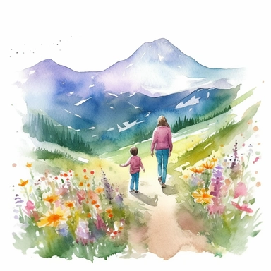 Mom and Me Watercolor, Clipart, High Res, Mother's Day, Mother's Love, waterpaint, fresh colors, happy, white backgroundm, simplified Art NouDepict, a mountain landscape with a mother and child or family members hiking or enjoying a picnic in the foreground., front to camera, version 4 style