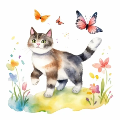 Adorable watercolor clipart of a playful cat chasing a butterfly, capturing the beauty and innocence of pets, with vibrant colors and soft details, perfect for a pet-related project, cute and charming, high-quality artwork, hand-painted with love, playful and fun.