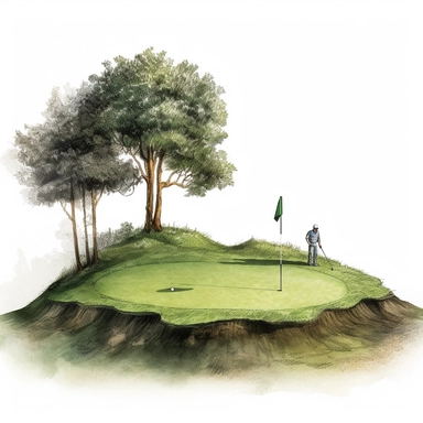 Idyllic watercolor clipart of a perfectly manicured putting green with flag and two golfers on a golf course, isolated on a pure white background, insane detail,