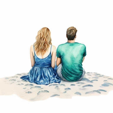 watercolor ultra realistic and hyper detailed illustration of an emerald blue summer happy couple sitting on the sand, back view, clipart, white background