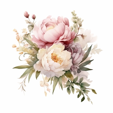 dusty pink and white flowers, peonies, austin roses, big blooms, with muted green whispy foliage with gold flicks, elegant and beautiful floral clipart for wedding invitations, delicate, watercolor, Claude Monet oil painting, defined edge on white background
