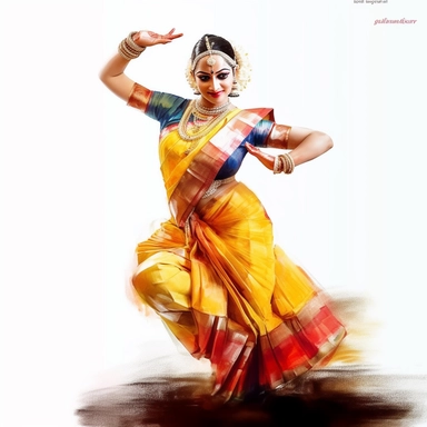 A graceful and enchanting watercolor clipart of a girl performing Bharatanatyam, the classical Indian dance, against a pristine white background. This hand-painted artwork captures the dancer's elegance, highlighting her precise movements and expressions with the artist's skilled brush strokes. The translucent nature of the watercolor medium enables the artist to layer and build up vibrant colors, bringing the dancer's traditional attire and jewelry to life. The fluid shapes and organic forms pr