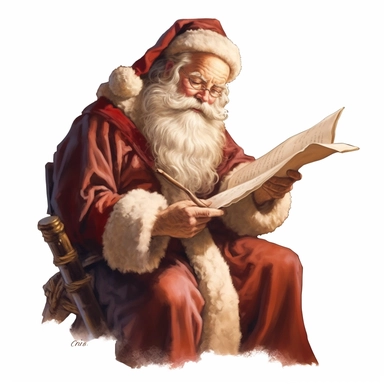 clipart with white background, a cute santa claus reading a long scroll, clearly defined separate image, high quality--ar3:4-no mockups, watermarks, numbers, writing, letters--q2--v5.1--s1000