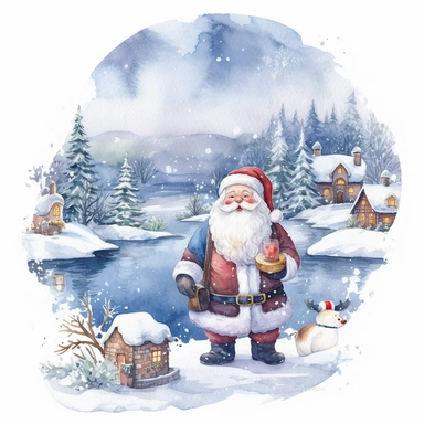 High resolution Christmas theme Watercolor Cute santa claus wearing blue Clipart Collection in beautiful winter landscape with a lot of snow and a small lake, christmas theme, detailed, isolated, white background, one pattern 8k