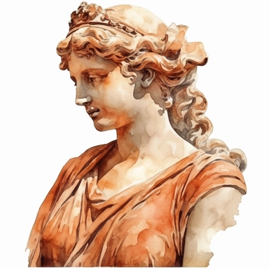 terracota marble statue, head of a woman, looking like greek goddess, detailed, clipart, watercolor