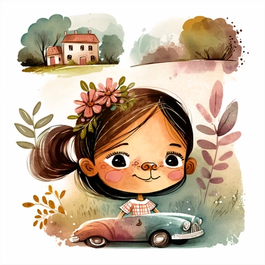 watercolor clipart, A car racing down a country road with a family inside, a 6-year-old child and the parents, motion, magical stories coming out of the windows, magic, illustration story book style for children