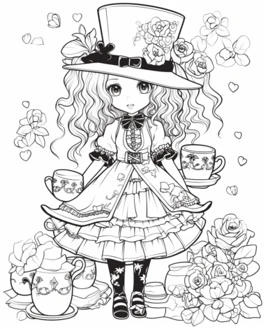 please create a black and white colouring page for kids of alice in wonderland theme with Alice, Mad Hatter, Queen of Hearts, in chibi, anime, mangaka, kawaii style drawing, vector, clipart, black ink only, on white background, no shading