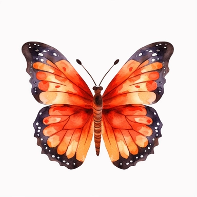 orange and red butterly clipart, watercolor style, white isolated background, 4k, hdr