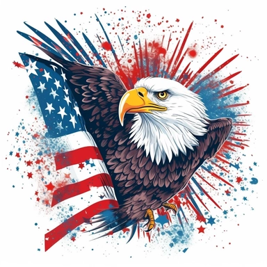 Vector clipart of an American bald eagle carrying an American flag flying in front of a burst of red, white, and blue fireworks. Clean design. White background.