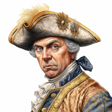A hyper-realistic close-up portrait of an 18th-century gentleman with an embroidered tricorn hat and gold-trimmed coat watercolor clipart, white background
