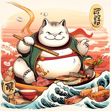 cartoonish clipart, white background, a fat happy japanese samurai cat, surfing on kanagawa, eating sushi, happy dragon in background, japanese letters