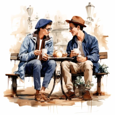 Travel Watercolor Clipart, two young men, best friends, drinking coffee ,19 blue themed, single object, isolated on white background, highly detailed, hand painted watercolor illustration by Cath Kidston, Emma Bridgewater, png transparent background, white background for removing background - - no text shadow font watermark