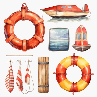 Watercolor beach lifesaver and lifeguard, illustrations clipart set, simple, , cartoon elements ,different variants , separate elements with a margin, wooden and plastic elements elemets, helicopter, lifesaver boat, jetski ,4k, high resolution