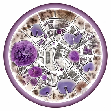 top-down view of a round scientific culture dish containing a simple map of a city block made with white fungal mycelium threads for the roads, a few major landmarks are small purple mushrooms, clean white background, iconic, clipart style, simple, cartoon, light colors, no grey
