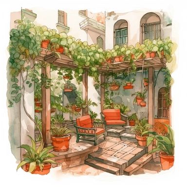 watercolor, hyper realistic, white background, white margins, 16k, ultra detailed clipart, cut out image, hand-drawn, whimsical manhwa style A cozy terrace with a mix of tall and short potted plants in varying shades of green. A small water fountain sits in the corner, providing a soothing background sound. Warm lighting in shades of orange and red sets the tone.