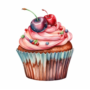 Watercolour of cupcake, Clipart,Cartoon,hyper realistic, intricate detail isolated on a white background, high quality, sublimation, detailed, cartoon style