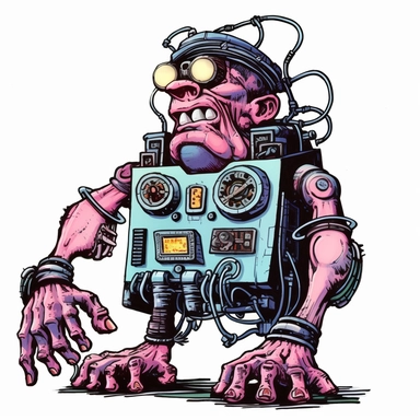helpful bashful machine troll cyborg, dark electric aura, Basil Wolverton Josh Kirby Dave Gibbons, handpainted enamel punk zine indie retrowave, clipart illustration, solid white background