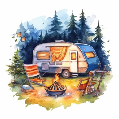 Camping style cute caravan in the campground at the night with watercolor effect, night landcsape, camping tools, camping chairs and table, caravan pengola, forest landscape, suitable for digital clipart, white background