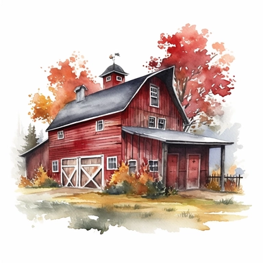 vector watercolor red barn in autumn clipart on white background, red barn in autumn colors, reds and greens, photorealistic, ultrarealistic,no background, on white