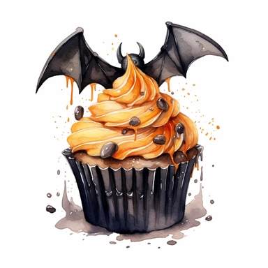 delicious black halloween cupcake with orange swirly icing and a bat, spider, spooky, watercolour illustration clipart, extremely detailed, 4k, high quality, isolated on white background watercolour