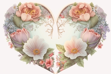 symmetrical two halves of the heart,pastel colors,light pink,flowers and lights around, white background,clipart