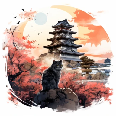 cherry blossoms laden on Osaka Castle Bottom, Siamese Cat wearing a Japanese kimono, sunset. Clipart Watercolor