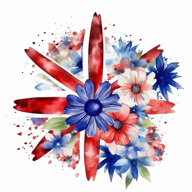 watercolor flowers, red white and blue, union jack, great britain, clipart, white background,