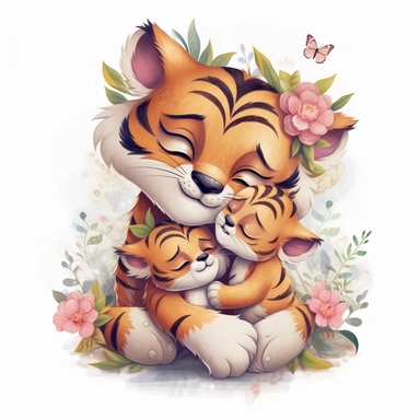 Cute floral illustration, realistic adorable baby tiger hugging his mom happy clipart, nursery style clipart, Nursery Animals Art, Kids Wall Art, Kids Room Decor, Baby Room Decor, isolated on white, ultra - detailed, high quality, ghibli style, award winning