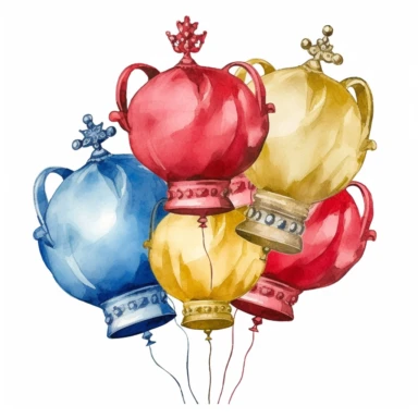 watercolor clipart of bunch of red and blue balloons shaped like the imperial british crowns