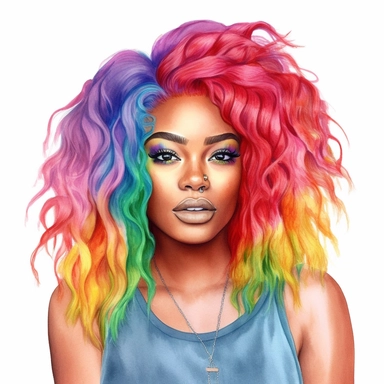 black African American woman with rainbow hair portrait clipart, watercolor style, hyper realistic, detailed, white background