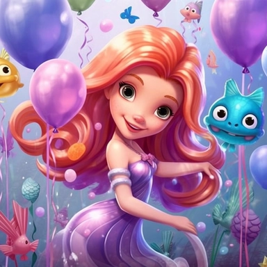 hd cartoon mermaid poster for happy birthday, with balloons, lilac and pink colors, ultra hd, girly, funky colors, clipart sea shells, cartoon star fish, water colors waves, high quality, fine lines