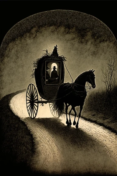 clipart of brown carriage drawn by horses in the distance on winding road on black background, Eerie magazine, Edward gorey, John William Waterhouse, beksinski