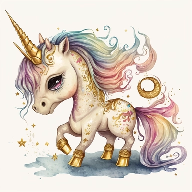 fantasy baby unicorn, clipart watercolor illustration, aquarallist, cute, big eyes, pretty gold and cream, unicorncore, fairycore, free brushwork, watercolor, light and bright, four legs, gold horn, sparkle, skarklecore, detailed, isolated on a white background,