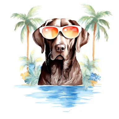 Chocolate labrador retriever, sunglasses, pool float, white background, cool dog, summer time, clipart, palm tree, watercolor