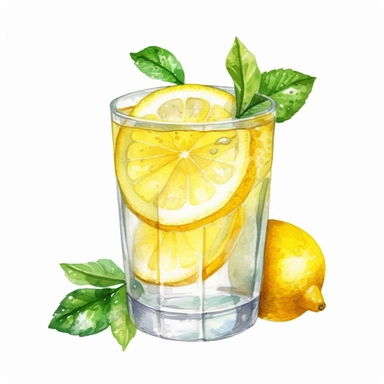 Watercolor clipart very detailed Lemon fruit juice with glass. White background