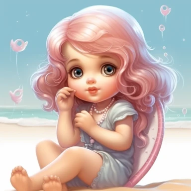 clipart of super cute baby girl in the beach white background full body, sitting on a chair on the sand, charming anime characters Thomas Kinkade Nadja Baxter Anne Stokes Nancy Noel