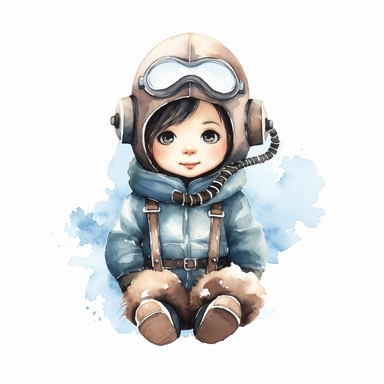 a watercolour clipart of a baby girl aviator pilot, full body, big cute blue eyes, black hair and simple watercolour background