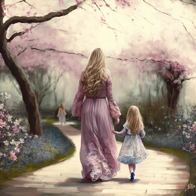 beautiful young pregnant mother with long beautiful blonde hair, toddler daughter with long beautiful hair holding hands walking in park, flowering trees, path lined with benches, highly detailed, realistic, fantasy, ethereal, soft colors, sharp focus, clipart style, fix dress
