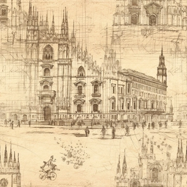 Vintage milano dom pencil sketch, ephemera paper design with ornate illustrations, vintage, distressed textures, muted colors, craft paper texture, handwriting lines in background, pen and ink on paper with watercolor washes Watercolor, vector, white background, rice paper texture, clipart, Seamless patterns, repeating patterns design, flat illustration, outlined , Vector, 4K, Art station, digital print, highly detailed clean, detailed illustration, 3D vector art, cute and quirky, fantasy art, w