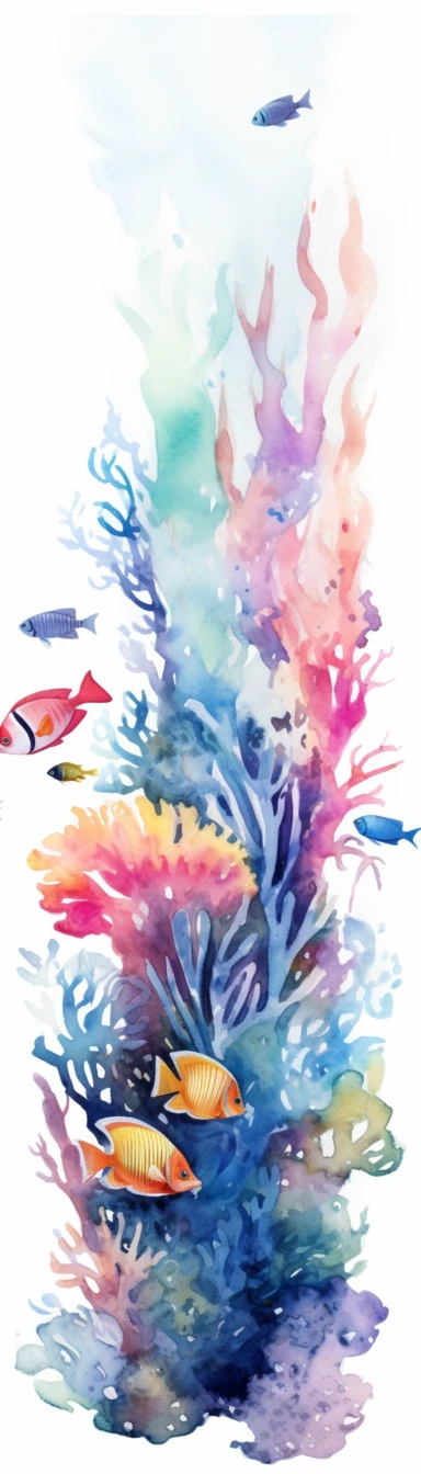 Clipart Tropical fish swimming among coral reefs, Watercolor, white background, vertical format