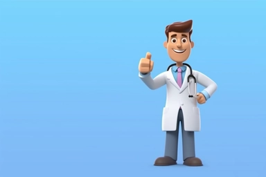 3d render. Cartoon character young caucasian man doctor, wears uniform, shows like gesture thumb up. Medical clip art isolated on blue background. Health care recommendation
