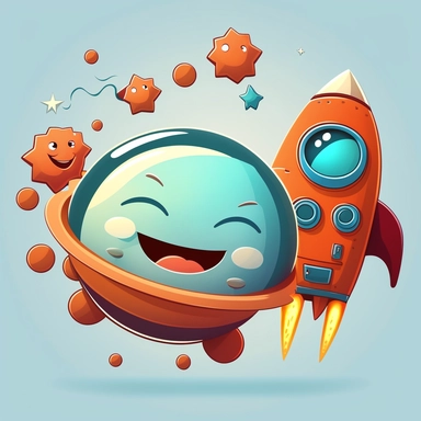 a smyling rocket flying with a robotic friend in metl in a star shape. cartoon, clipart style, vector style, comic.