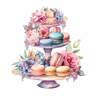Clipart, Watercolor, Boho tier candy tray with cakes, cupcakes, macarrons and flowers, pastel color, hand-draw, texture