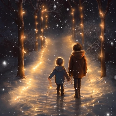 christmas eve, 2 happy children walking in Narnia, twinkling lights, Disney style of drawing, clipart