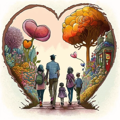 (perfect body figure) of a cute loving American family of 4, hiking into a magical LOLLIPOP STORE (a perfect close-up single-point-perspective view from the back) with its own habitats (flowers and plants) made into a natural-heart-shape, vintage in watercolor style clipart, use darker tones, higher saturation colors, Banksy artstyle with minimal effects, super creative watercolor, white background