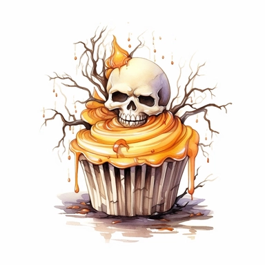 delicious halloween cupcake with graveyard , watercolour illustration clipart, extremely detailed, 4k, high quality, colour scheme gold, silver and cream, , isolated on white background - Image #1 <@1098423716465102849>