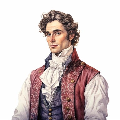 An intricate portrait of an 18th-century gentleman in a detailed ruffled cravat and jeweled vest watercolor clipart, hyper-realistic, white background